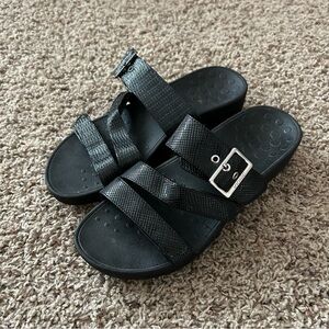 Vionic Black Strappy Slide Sandals with Silver Buckle